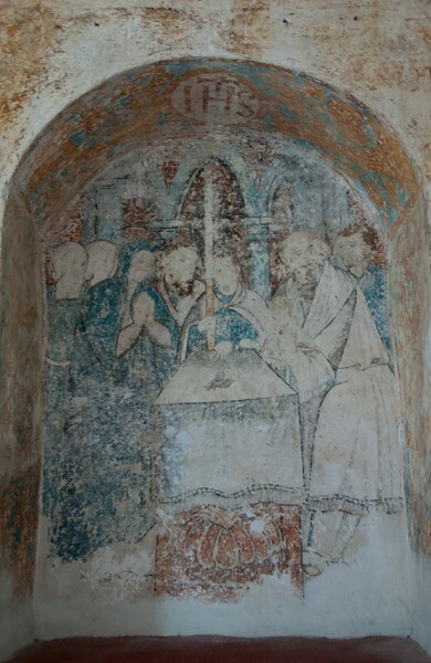Lower walk testera mural, Joseph holding Christ Child - Cloister murals