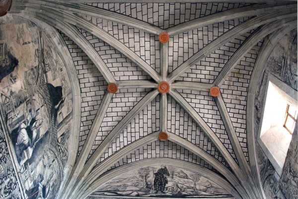 Cloister stairwell, ribbed vault - San Nicolás de Tolentino, cloister & stairwell murals