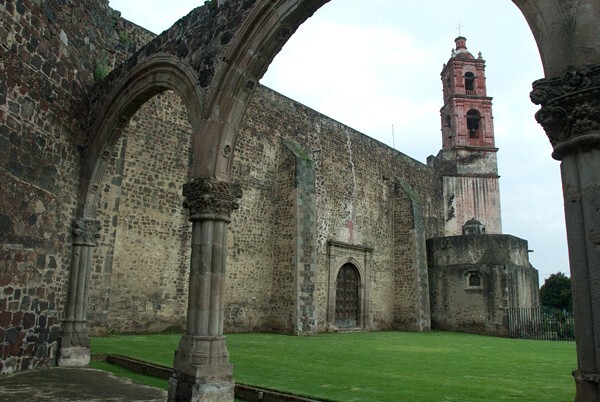 Porciúncula door & bell-tower through capilla abierta arches - San Luis Obispo, façade, portería, cloister, porciúncula door