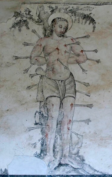 San Gabriel, upper cloister walk mural, St. Sebastian - San Gabriel, cloister with murals