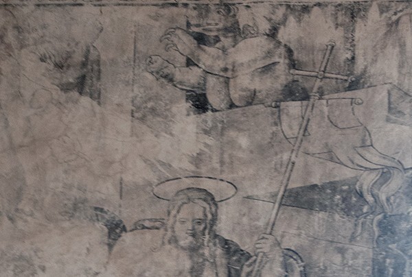 Sala profundis mural, detail, Harrowing of Hell - San Andrés, grisaille murals: baptistry, sala profundis & refectory
