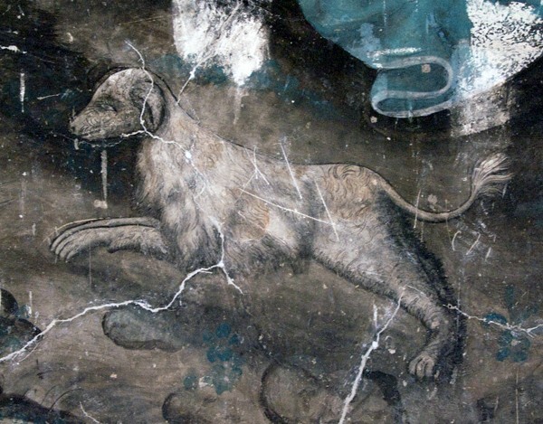 Lower cloister walk, NW testera mural, Via Crucis, detail - San Andrés, cloister with murals