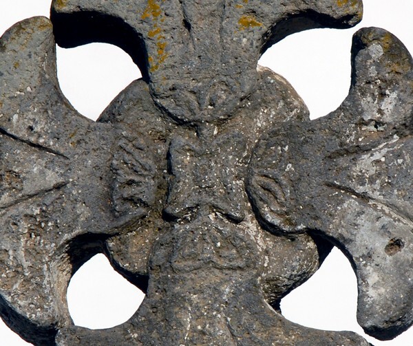 San Felipe, atrial cross, stump finial closeup - San Felipe de los Alzati, Michoacán