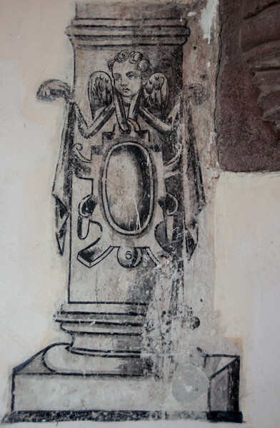 San Bernardino, lower cloister walk, mural, column & seraph - Xochimilco