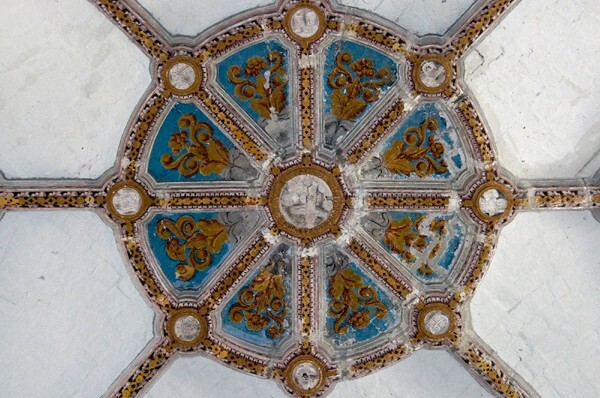 San Juan Bautista, nave vault, painted boss - San Juan Bautista, church