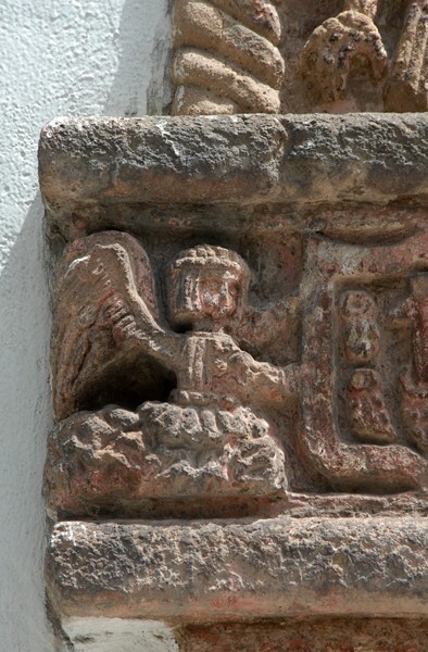 Los Reyes, façade, main portal, left pilaster, capital closeup - Los Reyes Ixtacala