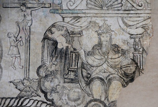 Upper scenes - San Juan Bautista, convento second story, friar's cell mural: Miracle of the Rosary mural