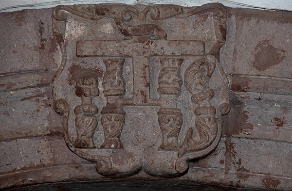 San Cristóbal, baptistry door, keystone relief, Christogram - Coyotepec, México