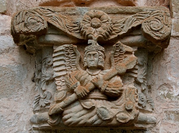 SS Pedro & Pablo, façade, sculpture niche base relief, Passion angel - San Pedro y San Pablo