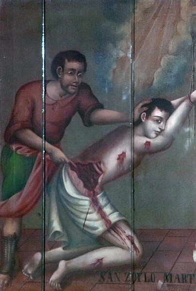 San Francisco, nave altar, tabernacle painting, Flagellation - Huamantla, Tlaxcala