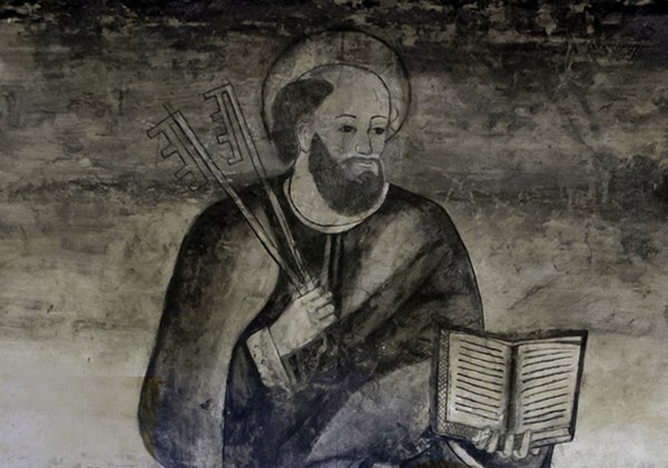 Upper cloister walk mural, St. Peter, detail - San José