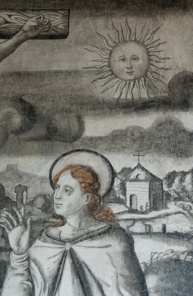 Large cloister, upper walk mural, Crucifixion, detail - San Agustín, convento, large & small cloisters, apse