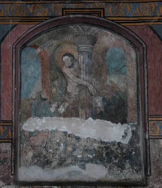 Santiago, lower cloister ambulatory mural, Christ at the Column - Copándaro, Michoacán