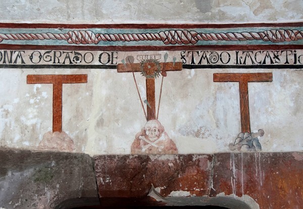 Lower cloister walk, portal mural, Golgotha - San Juan Bautista, cloister & murals