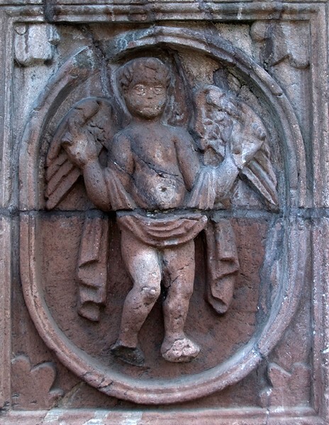 San Bernardino de Sena, façade, main portal, left pilaster base - Xochimilco