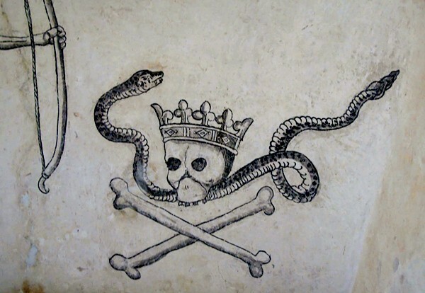 San Gabriel, anteportería cloister door murals, closeup - San Gabriel, cloister with murals