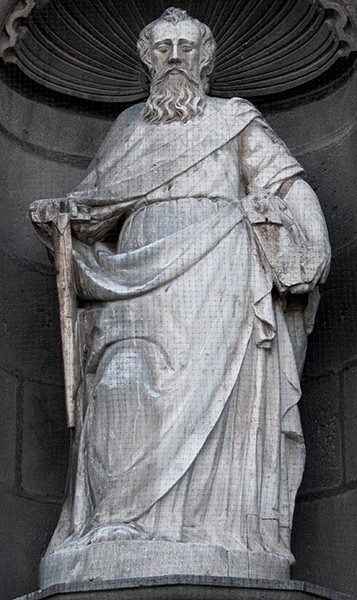Façade, main Puerta del Perdón, lower right sculpture, St. Paul - Catedral de la Inmaculada Concepción