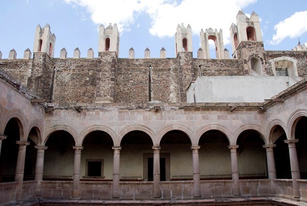 Upper cloister walk & nave turrets - San Nicolás de Tolentino, cloister & stairwell murals