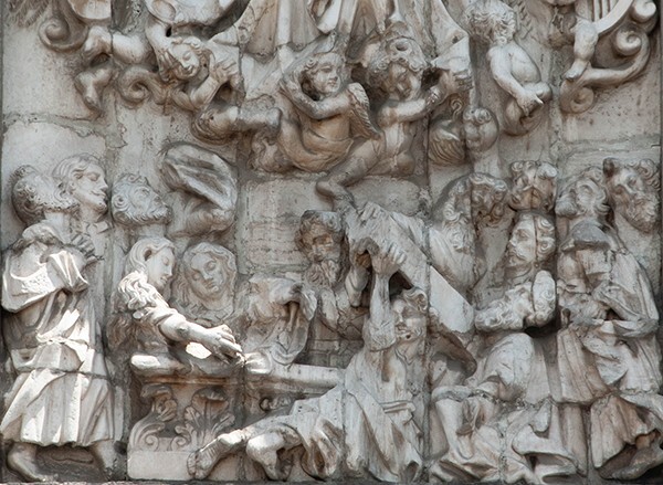 Façade, central relief, Assumption of the Virgin, detail, Via Crucis - Catedral de La Asunción