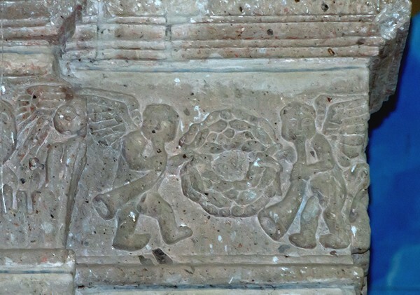 Chancel arch, left impost relief - San Juan Bautista