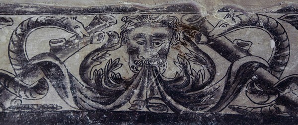 Upper cloister walk, frieze grotesque mural - San Francisco, façade, portería, cloister & murals