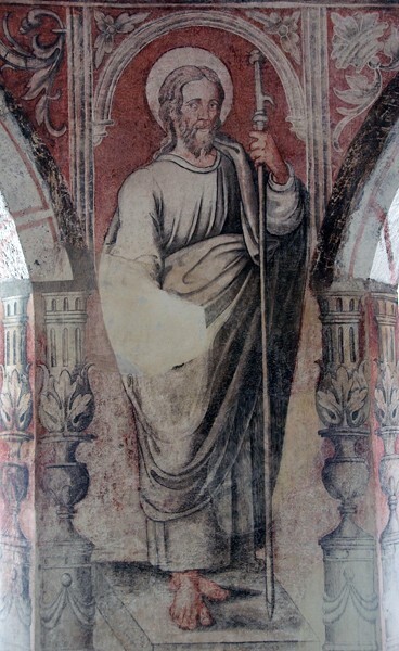 E arcade pier mural - San Juan Bautista, lower cloister walk, N & E arcades, pier murals