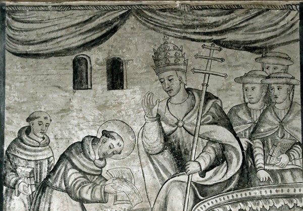 San Gabriel, lower cloister walk, mural closeup - San Gabriel, cloister with murals