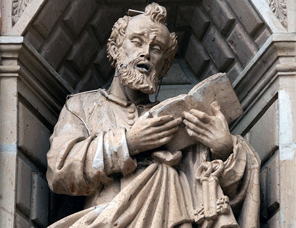 Façade, lower story left, sculpture detail, St. Peter - La Soledad