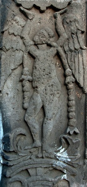 San Juan Bautista, atrial gate relief, angel with Rosary - Coyoacán