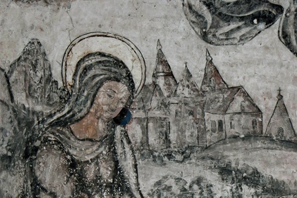 Upper cloister walk mural, Crucifixion, detail - San Miguel Arcángel, convento & cloister & murals