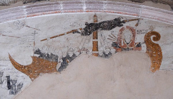 Portería lunette mural, closeup - San Nicolás de Tolentino, façade, bell-tower, portería & nave