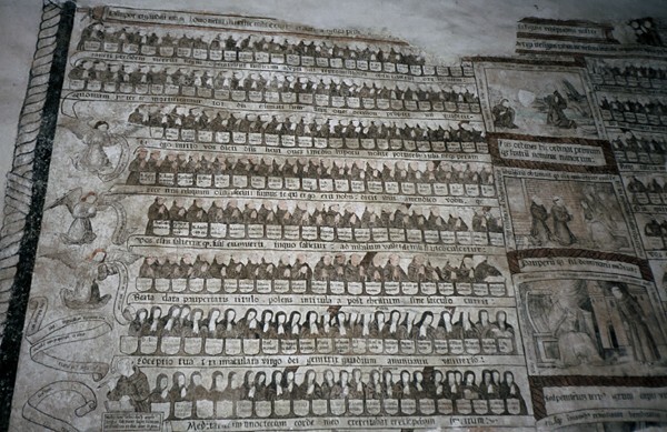 Cloister, E wall mural, Genealogy of St. Francis - La Asunción de Nuestra Señora (Catedral), façade, porciúncula door, capilla abierta, cloister