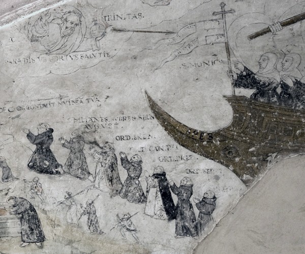 Portería lunette mural detail - San Nicolás de Tolentino, façade, bell-tower, portería & nave