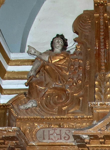 Santa Bárbara, San Juan Nepomuceno altar, top left relief, Faith - Santa Bárbara Tlacatecpan, México