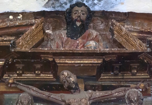 La Asunción, high altar attic, God the Father & Crucifixion - Pazulco, Morelos