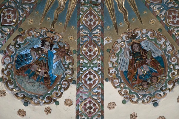 Santa Inés, cupola reliefs, Archangels - Santa Inés, Tlaxcala