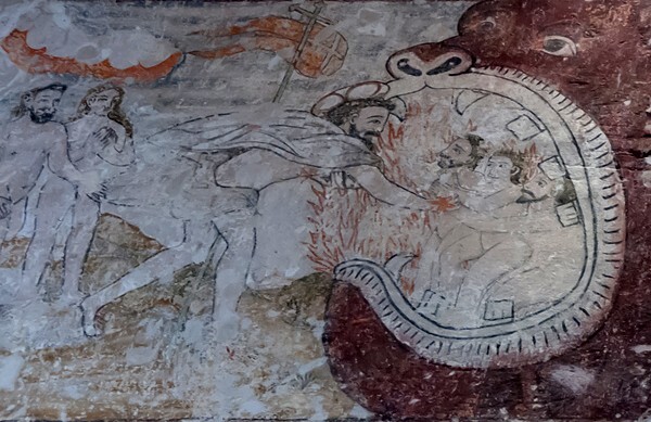 capilla abierta, S apse wall mural, Harrowing of Hell; Adam & Eve - San Esteban, capilla abierta