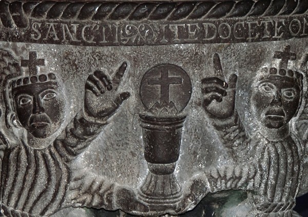 Baptismal font, detail - San Juan Evangelista