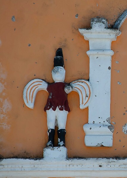 San Gerónimo, façade gable statue (left), archangel - Coyula, Puebla