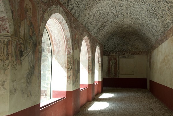 Lower cloister walk - San Juan Bautista, facade, convento, cloister & lower walk murals