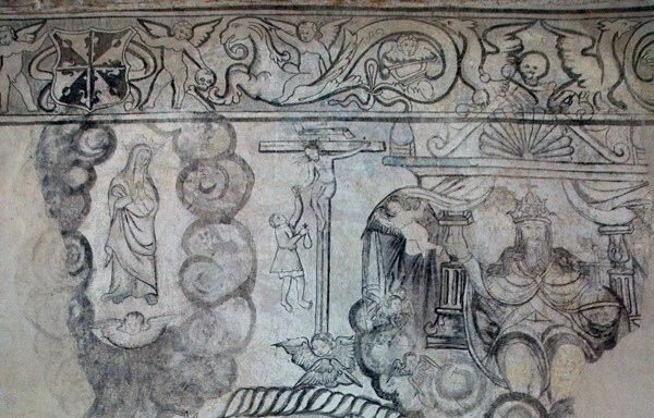 Upper scenes - San Juan Bautista, convento second story, friar's cell mural: Miracle of the Rosary mural