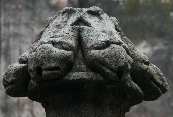 Santiago Apóstol, cloister fountain, finial reliefs - Ocuituco, Morelos