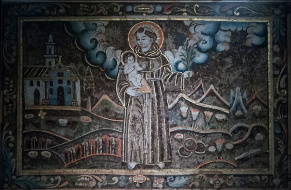 St. Anthony, feathers & strips of tinted paper on amate - Museo de Arte Barroco