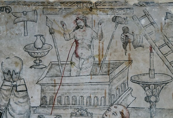 San Gabriel, upper cloister walk, Mass of St. Gregory, detail - San Gabriel, cloister with murals