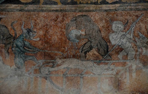 Santa María, S wall mural, Damnation, devils & sinner on grill - Santa María, South nave wall murals