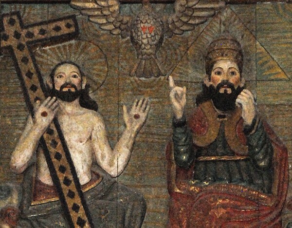 La Transfiguración, high altar, top tier central panel, Trinity - Façade, porterías, high altar & baptismal font