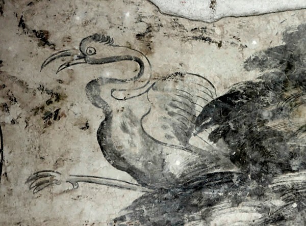 San Gabriel, upper cloister walk, testera mural, heron - San Gabriel, cloister with murals