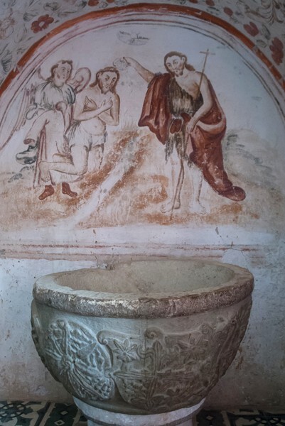 San Miguel Arcángel, baptistry, baptism of Christ mural & font - San Miguel del Valle, Oaxaca