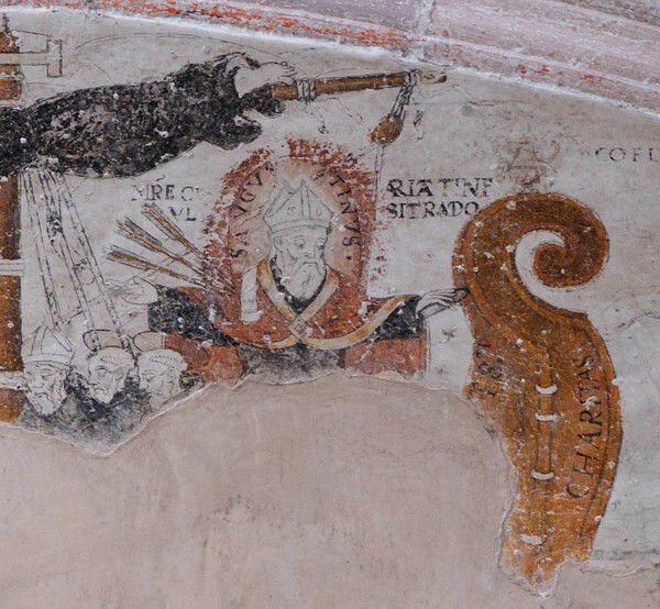 Portería lunette mural detail - San Nicolás de Tolentino, façade, bell-tower, portería & nave