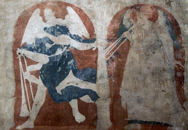 Yurishio, sanctuary murals, trumpeting angels - Guatápera (Pueblo Hospital), Yurishio (Hospitalito)